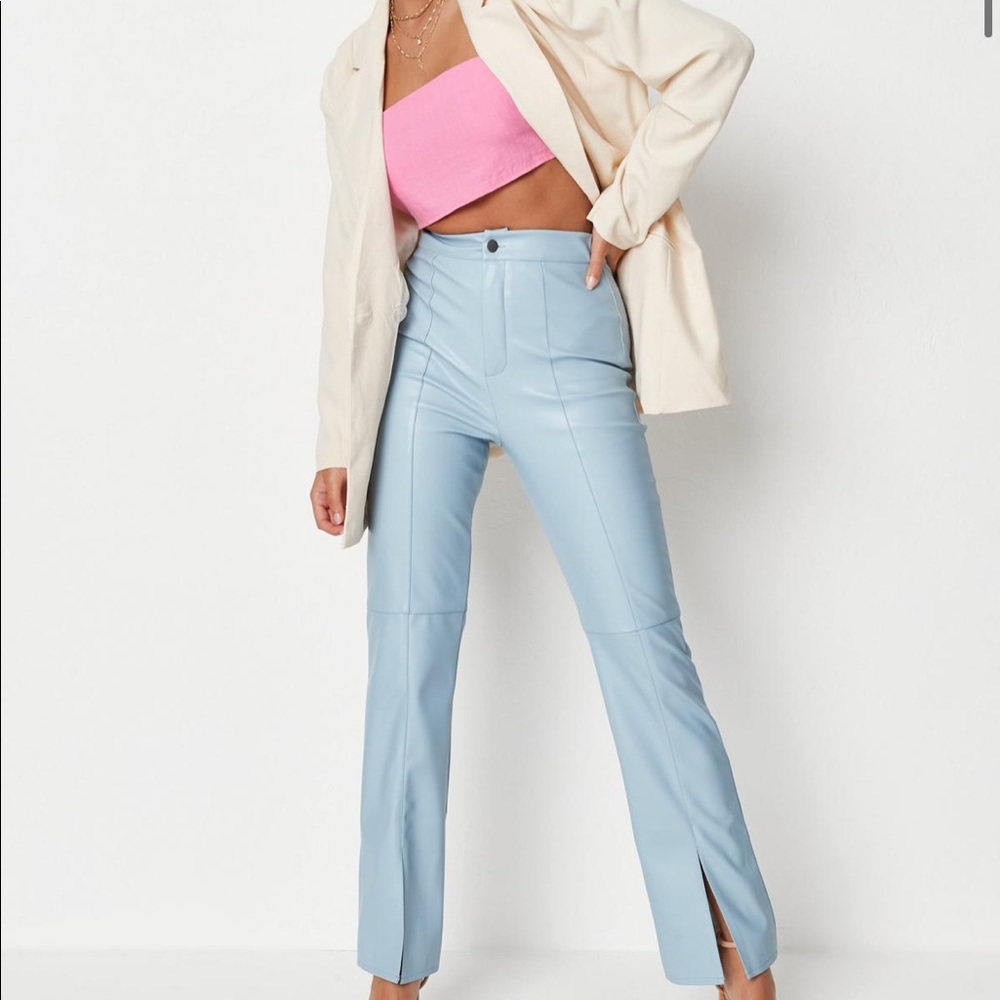 Blue Faux Leather Split Front Straight Leg Pants